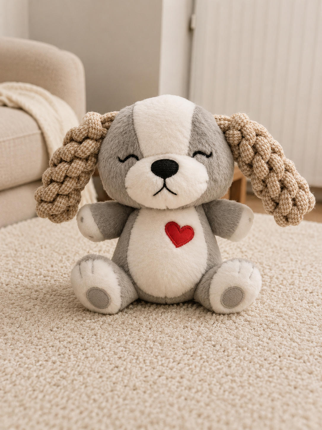 Hug Me Dogs Rope Dog Toy with rope ears and red heart detail on a beige carpet