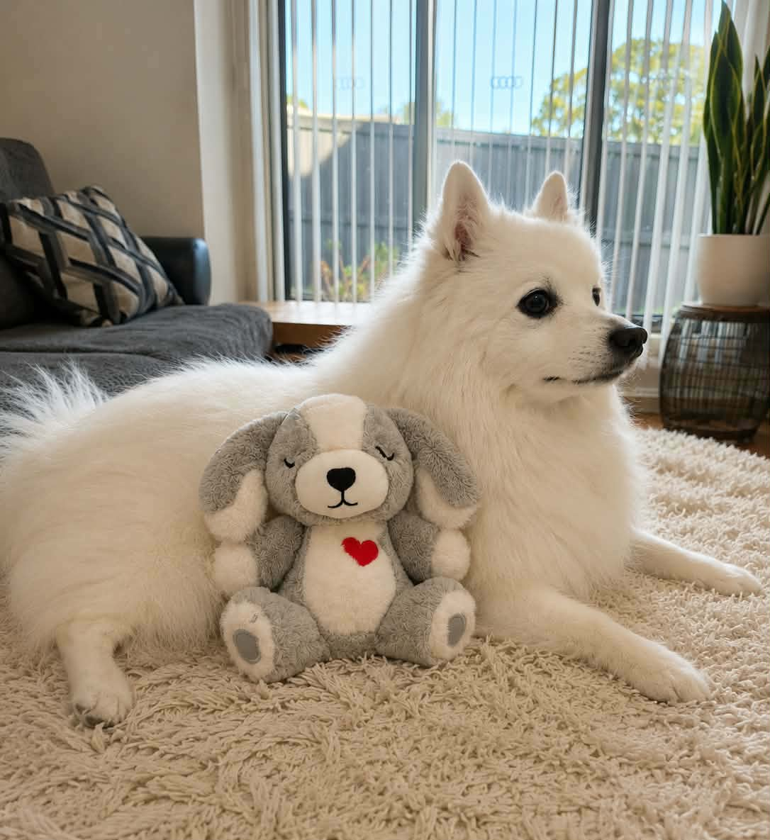 A fluffy white dog lies on a cream shag rug in a bright living room, cuddling a Hug Me Dogs interactive dog toy.