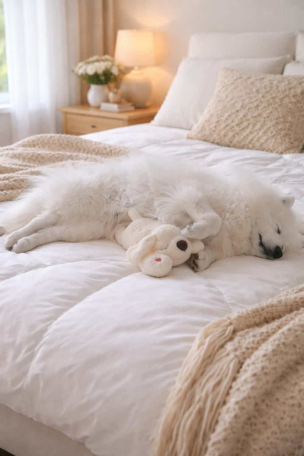 A fluffy white dog sleeping on a white bed with beige knit blankets and pillows, next to a Hug Me Dogs plush dog toy.