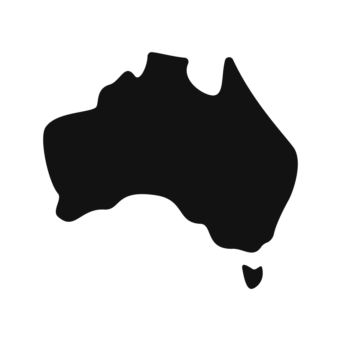 A minimalist black silhouette map of Australia on a solid white background.