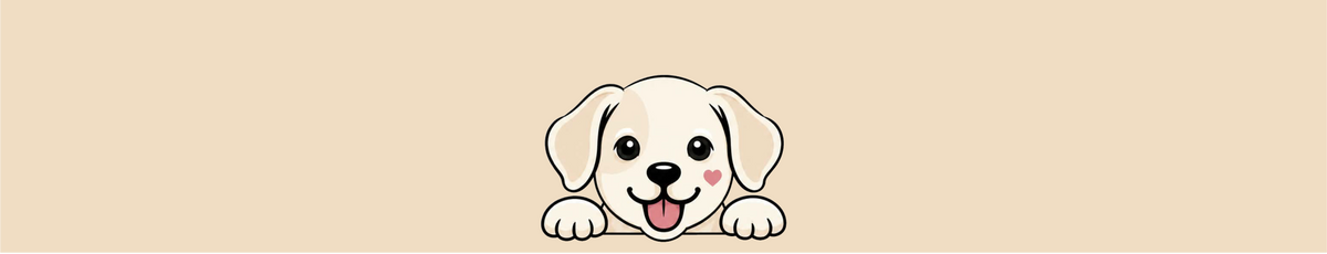 A cartoon-style white puppy peeking over the bottom edge on a plain beige background.