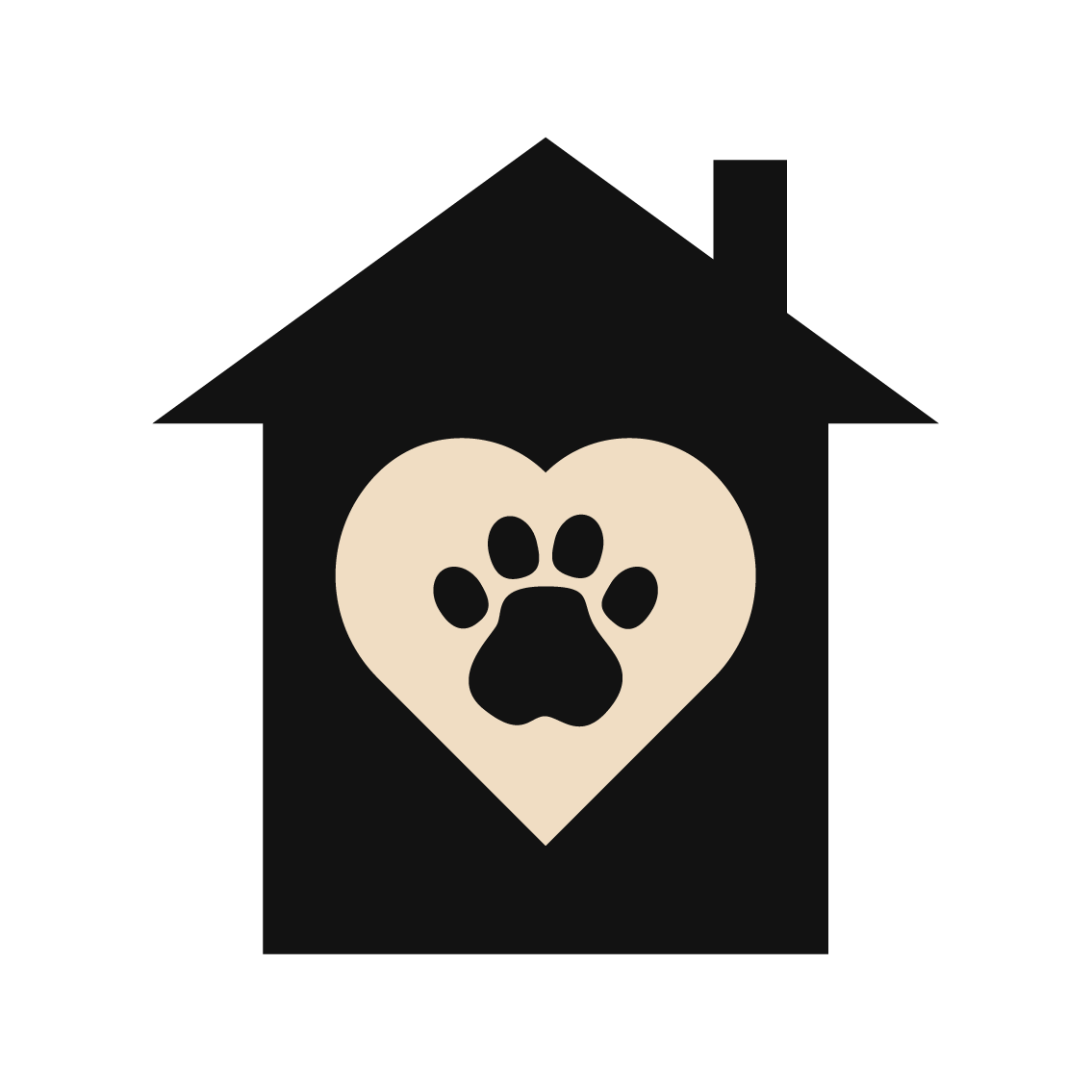 A minimalist black house silhouette with a beige heart and black paw print in the center, isolated on a white background.