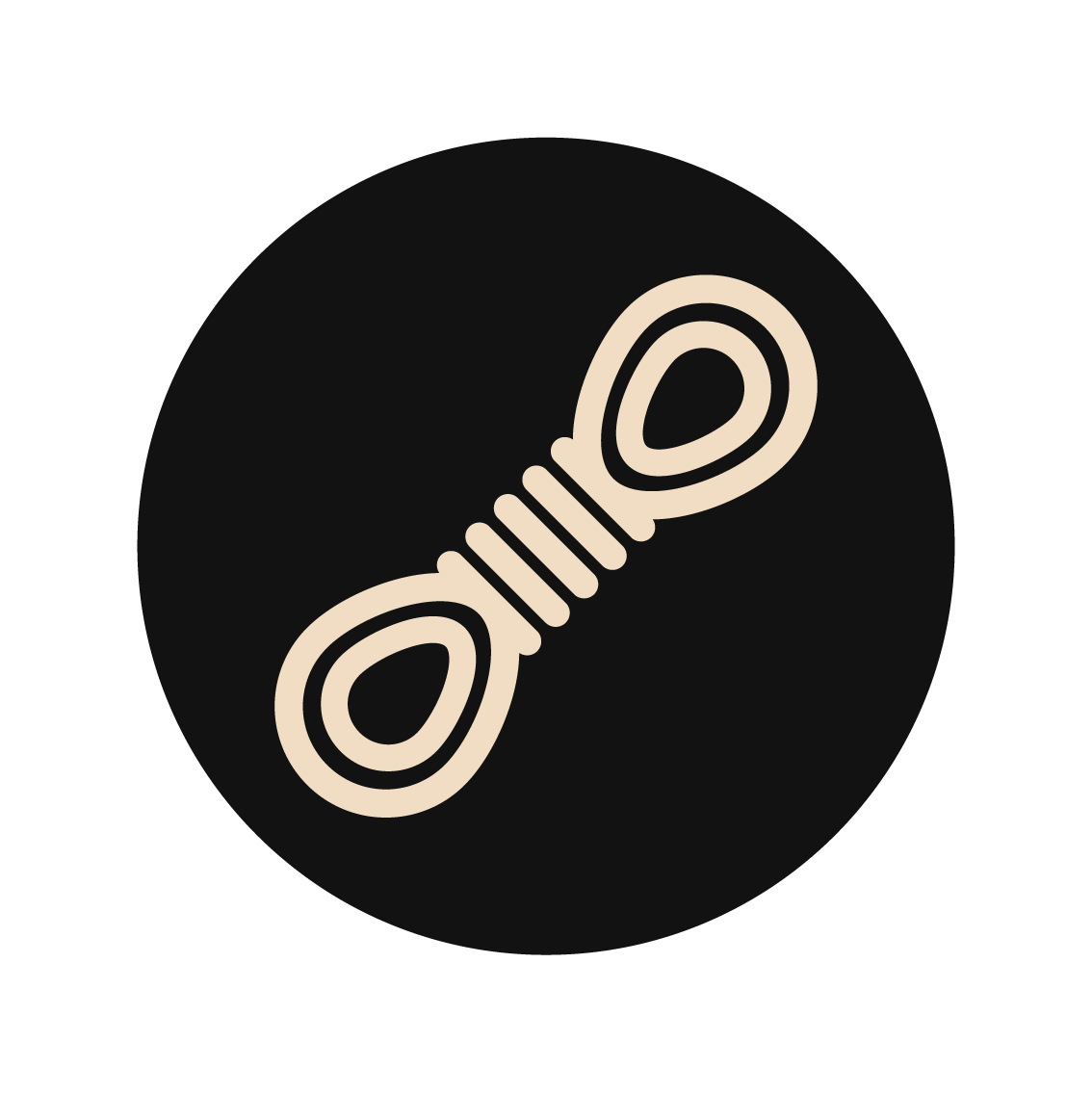 A minimalist beige rope dog toy icon centered inside a solid black circle on a white background.