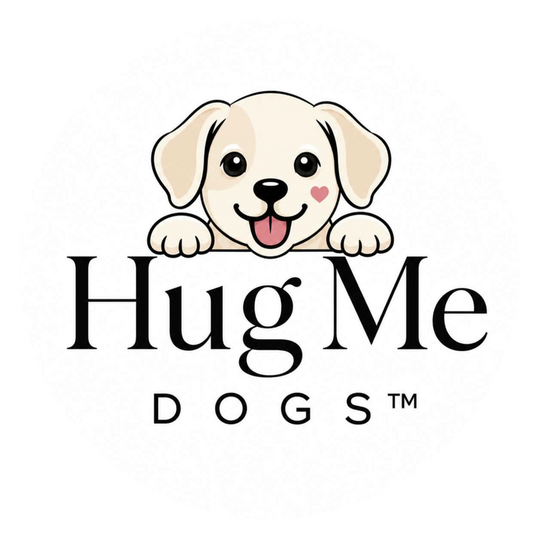 The Hug Me Dogs logo – a cartoon cream-colored puppy peeking over the top of the text 'Hug Me DOGS' on a plain white background.