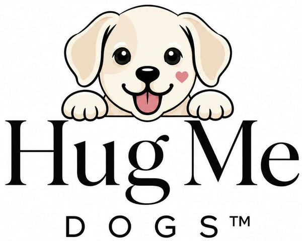The Hug Me Dogs logo, featuring a cartoon cream-colored puppy peeking over the top of the text 'Hug Me DOGS' on a plain white background.