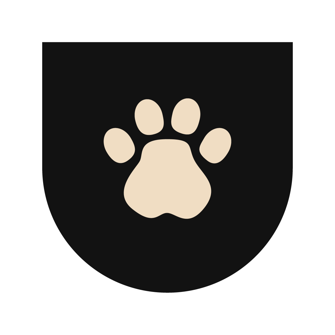 A minimalist graphic icon featuring a light beige paw print centered inside a black shield shape on a solid white background.