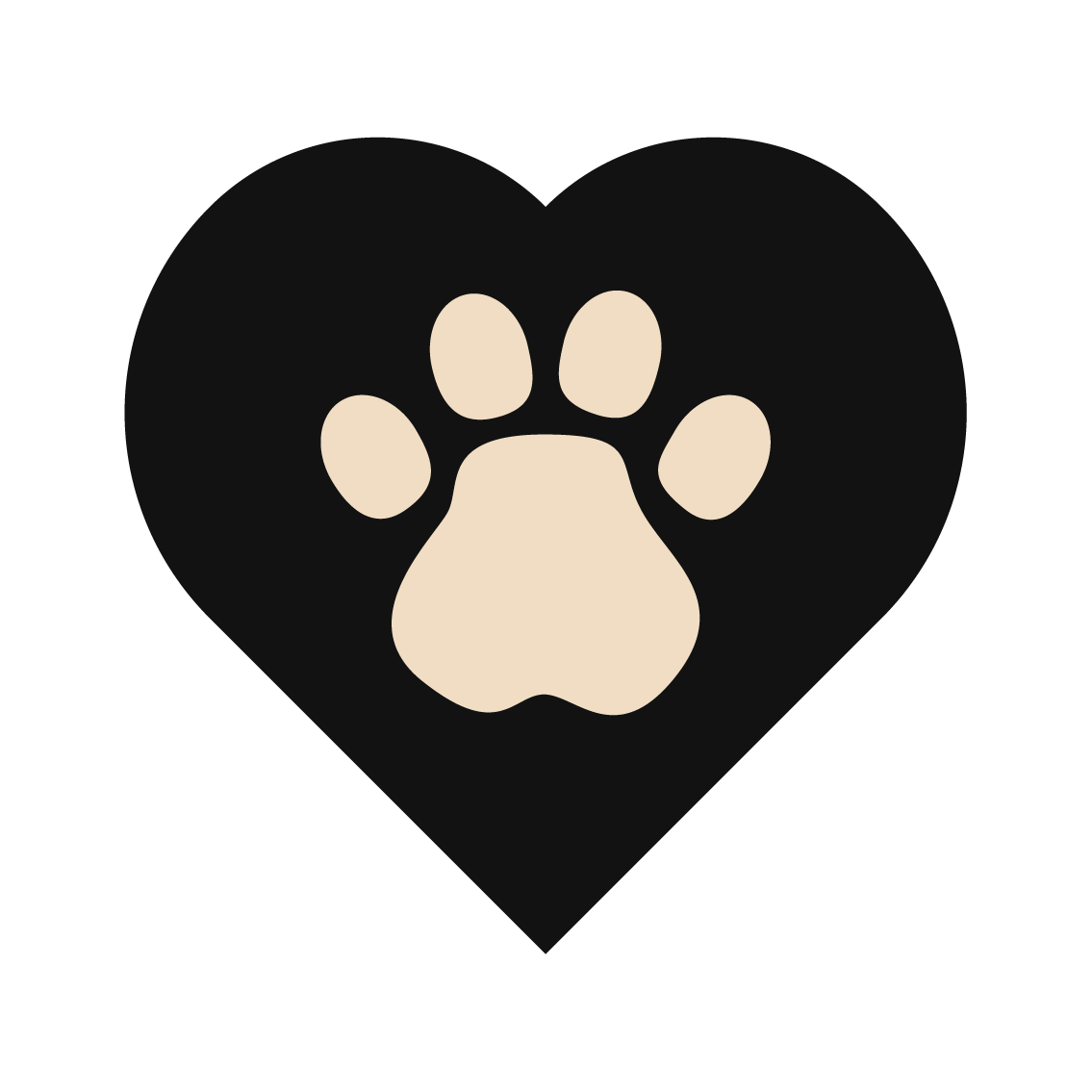 A minimalist graphic icon featuring a light beige paw print centered inside a solid black heart shape, isolated on a white background.