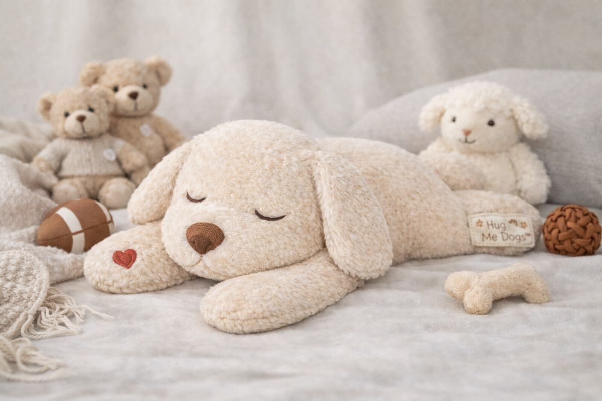 Hug Me Dogs plush dog toy in a cosy bed setting, with teddies behind it