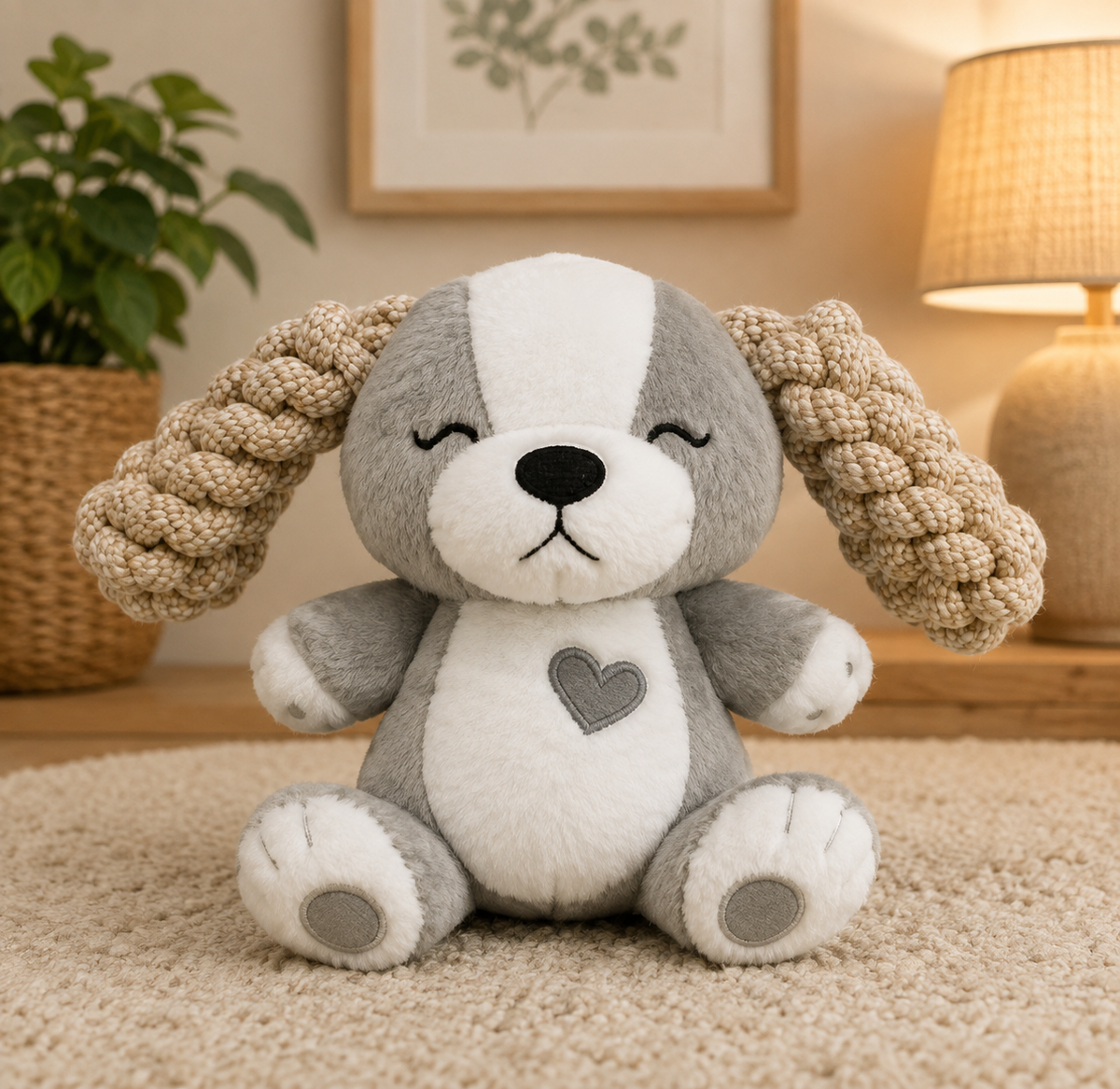 Hug Me Dogs Rope Dog Toy Grey Heart with rope ears and grey heart detail on a cream carpet
