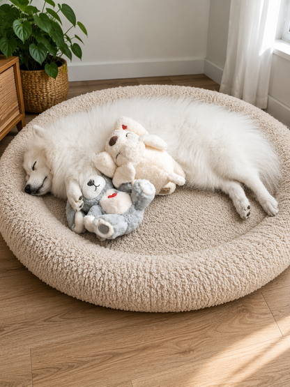 Dog sleeping in a grey dog bed cuddling a Hug Me Dogs interactive dog toy