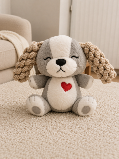 Hug Me Dogs Rope Dog Toy with rope ears and red heart detail on a beige carpet