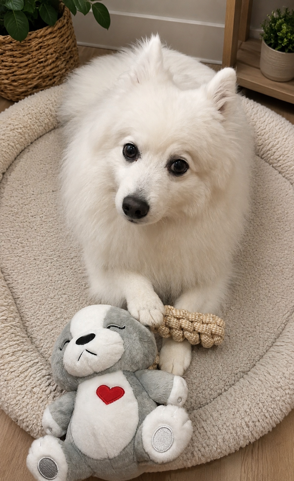 White dog sitting on a fluffy pet bed with a Hug Me Dogs interactive dog toy