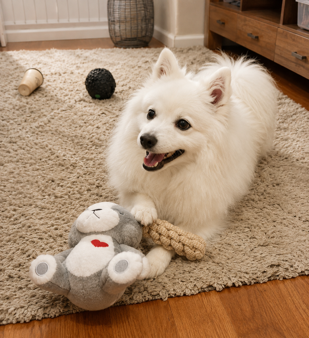 White dog playing with a Hug Me Dogs rope dog toy on a carpeted floor