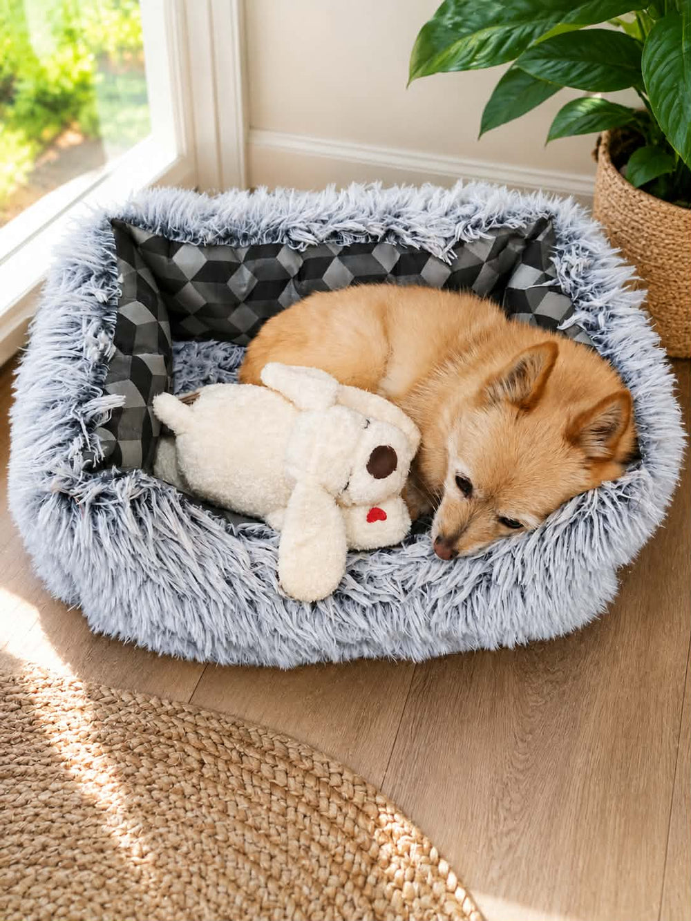 A small tan dog rests inside a fluffy light blue-gray pet bed on a wood floor, next to a Hug Me Dogs plush dog toy. The bed has a gray and black diamond-patterned lining, with a window, plant, and woven rug nearby.